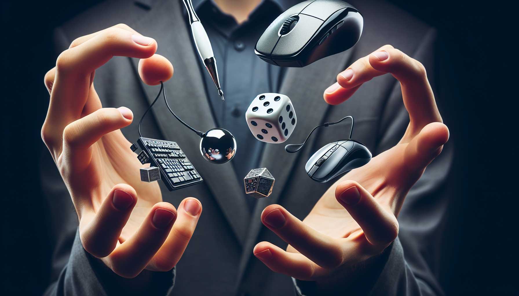 a close-up of a juggler balancing a dice, gaming console, and computer mouse