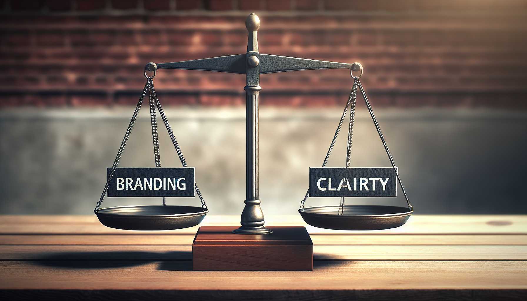 an illustration of a balance scale comparing the terms 'branding' and 'industry clarity'