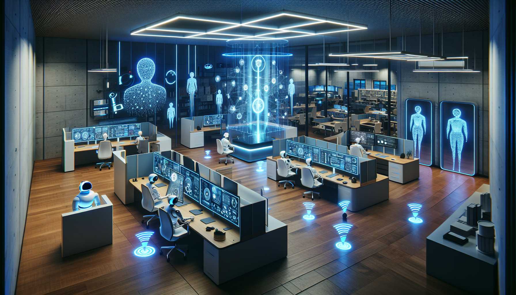 A futuristic workplace with AI technologies seamlessly integrated into everyday tasks