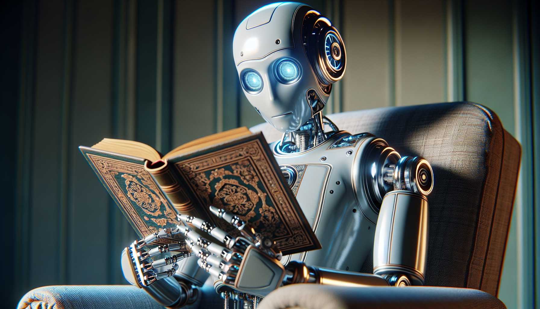 An advanced AI robot reading a book