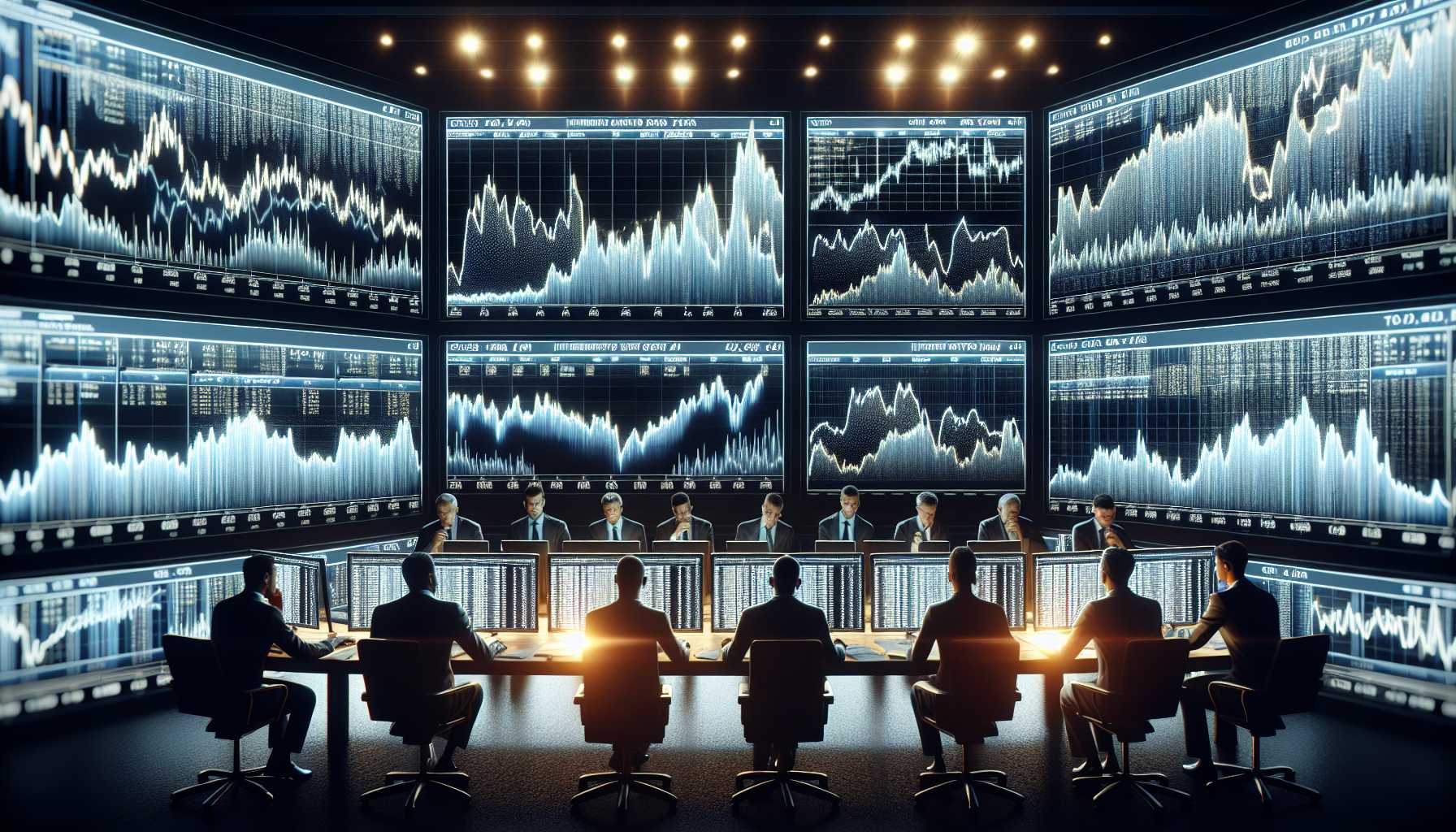 investors looking at screens showing stock market graphs related to interest rates