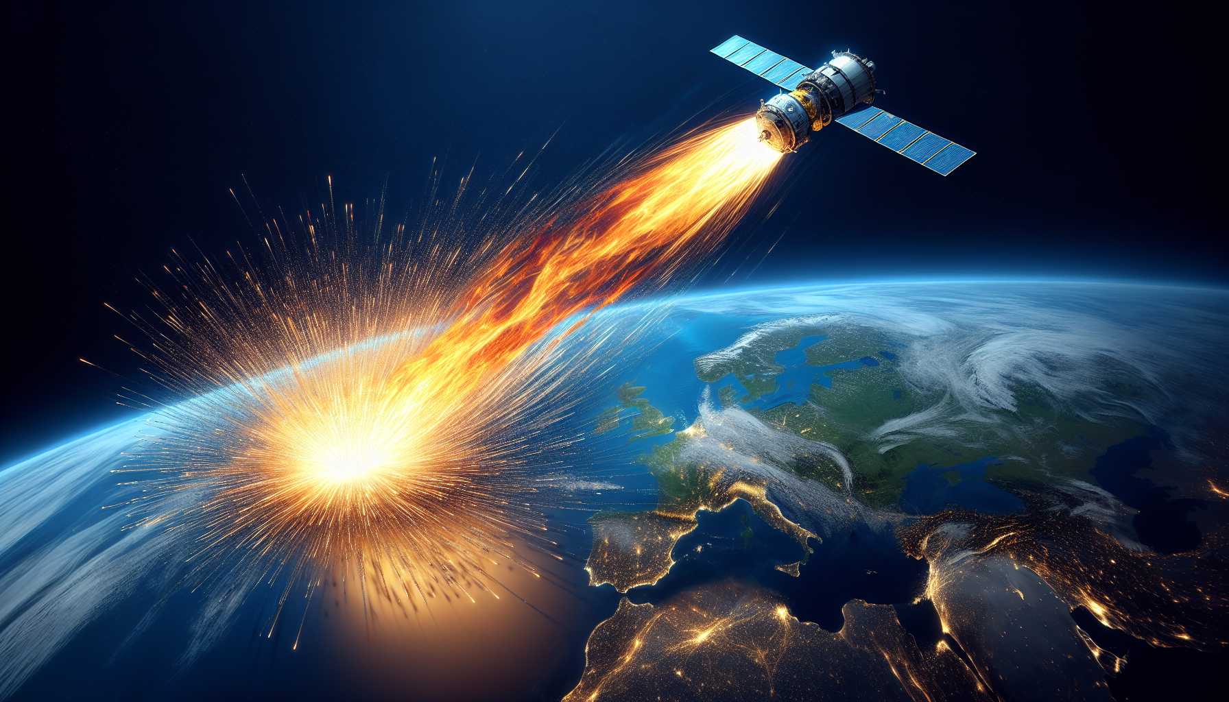 ERS-2 satellite plummeting towards Earth with fiery trails