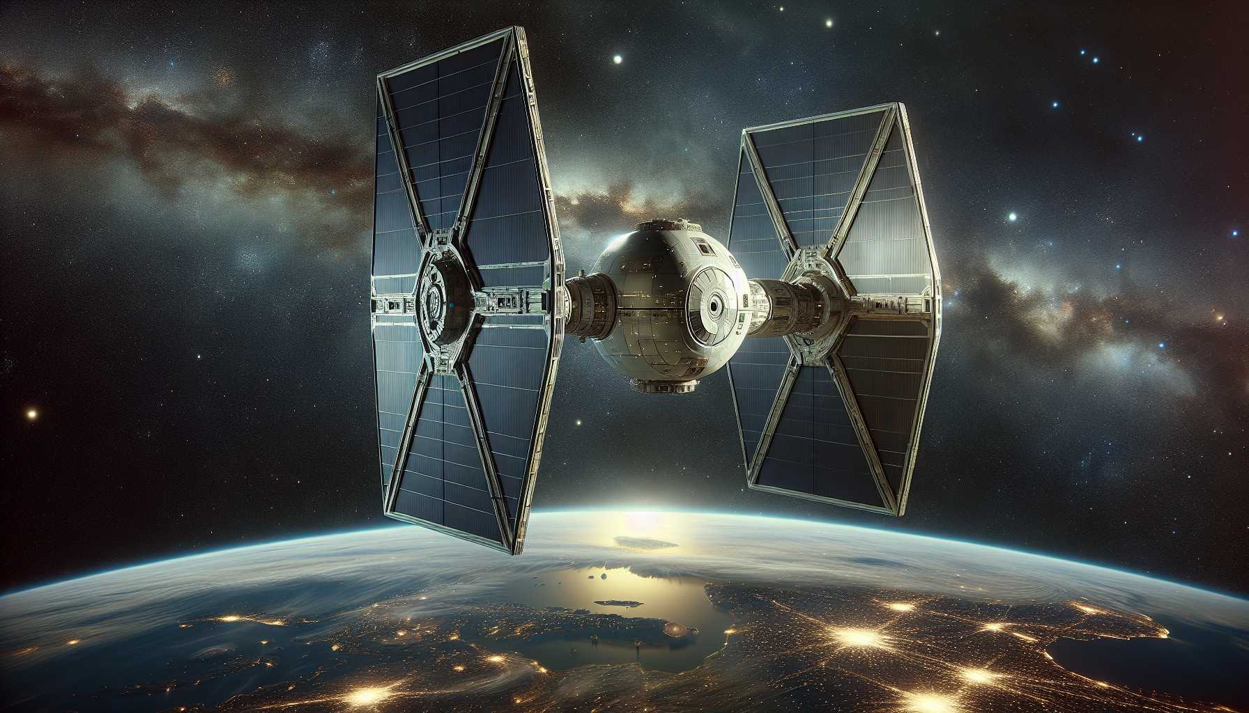 Satellite in space resembling a Star Wars TIE fighter