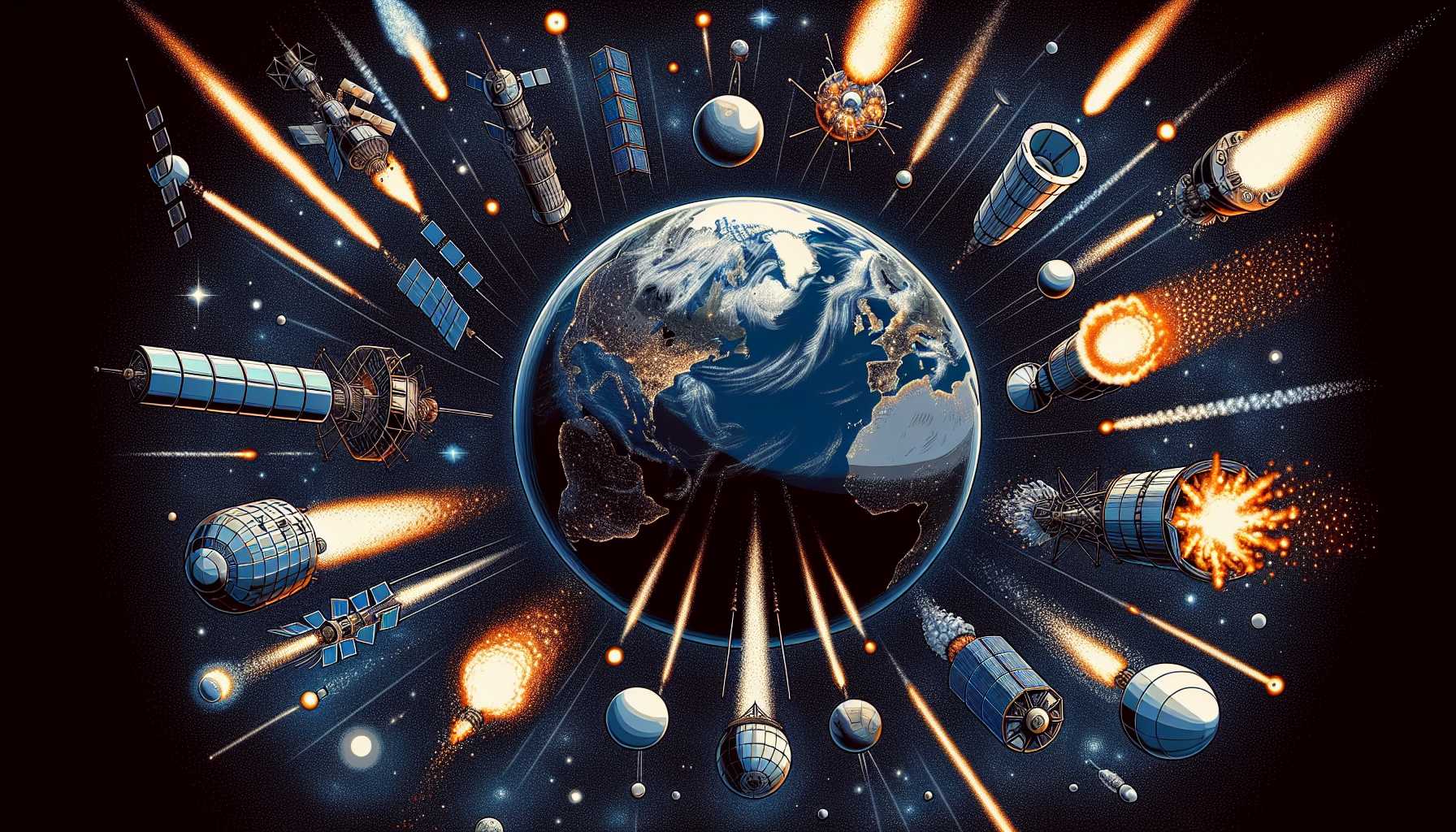 Cartoon of various satellites in different stages of orbit decay