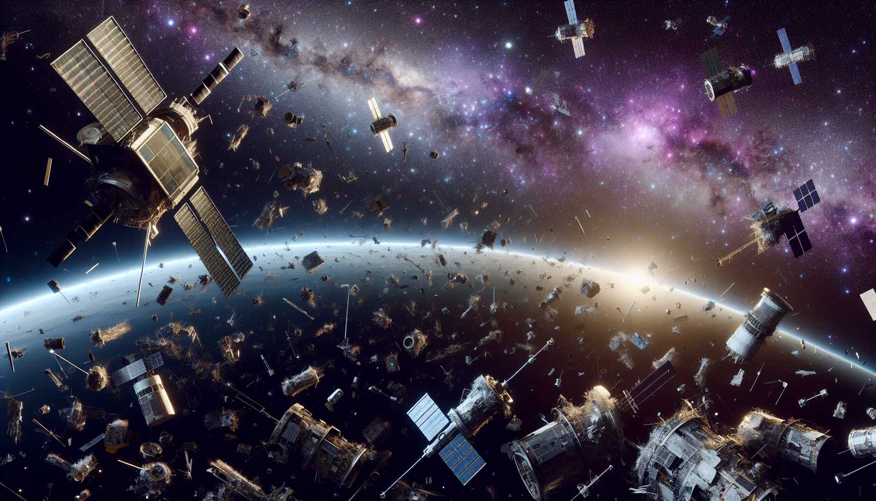 Space debris around Earth's orbit with active satellites maneuvering