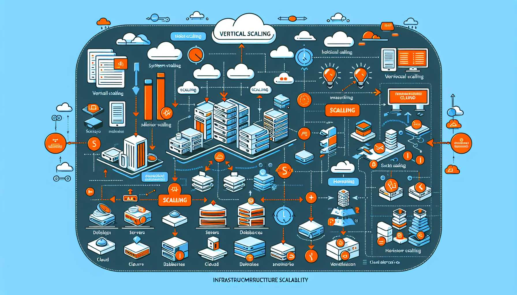 An infrastructure scalability diagram showcasing vertical and horizontal scaling with cloud-based alternatives