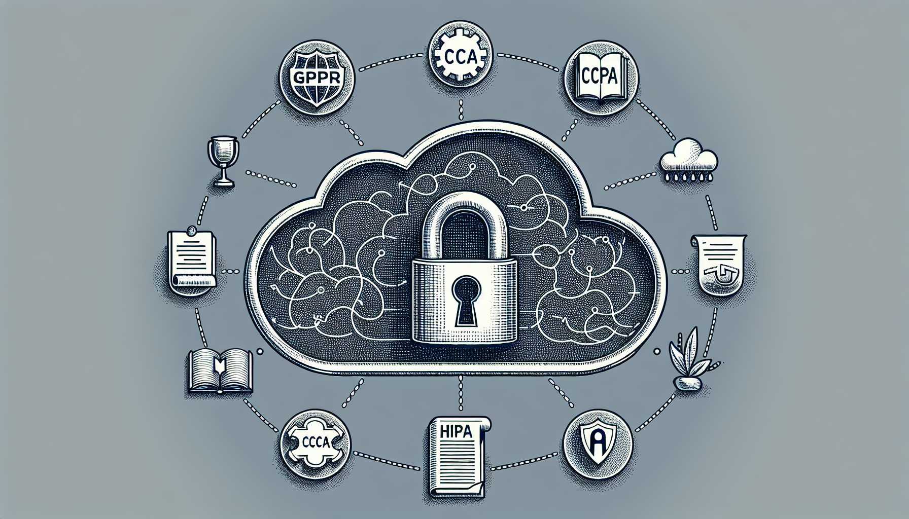 A diagram symbolizing data privacy and security, featuring a lock over a cloud storage facility surrounded by legislative icons for GDPR, CCPA, and HIPAA.