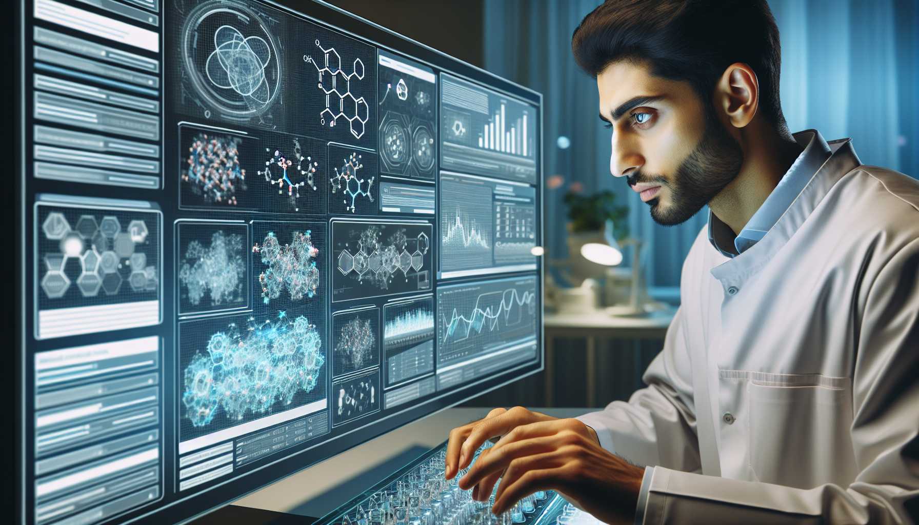 scientist examining data on a futuristic pharmaceutical artificial intelligence interface