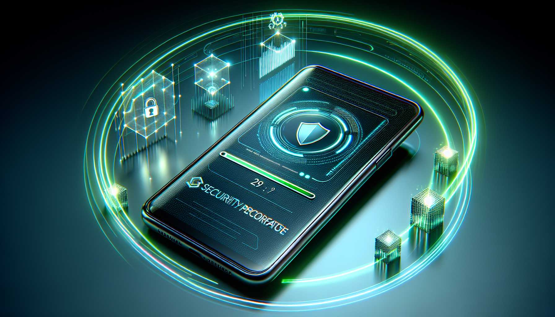 a graphic of a smartphone updating its security settings with futuristic elements surrounding it