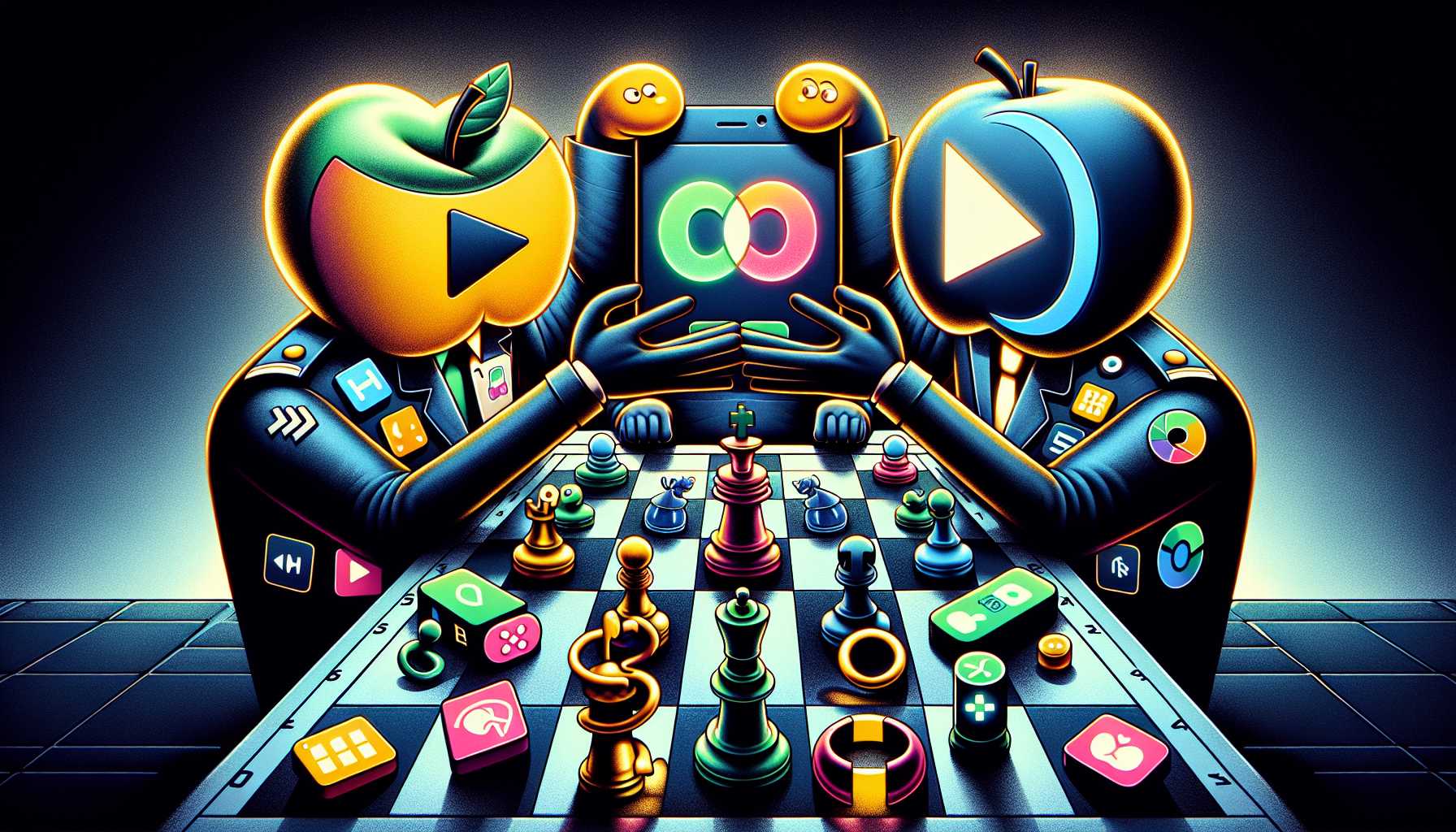 caricatures of Apple, Microsoft, and Meta playing a game of chess with app icons