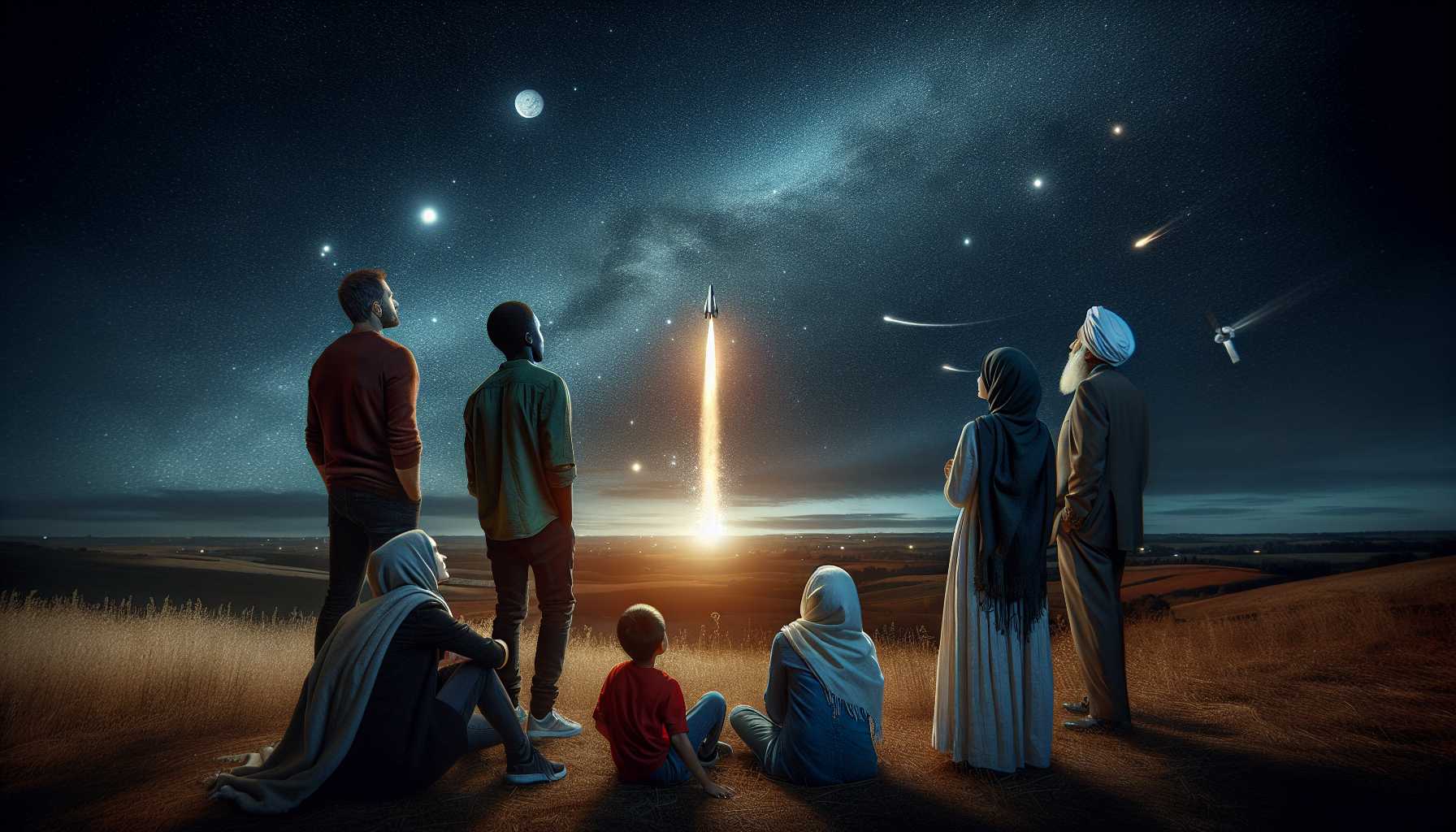 people watching a night sky filled with stars and a launching rocket