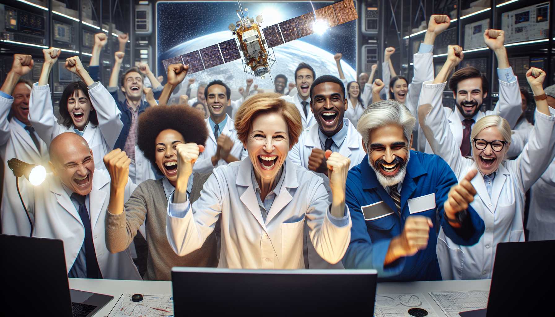 a triumphant aerospace team celebrating a successful satellite deployment