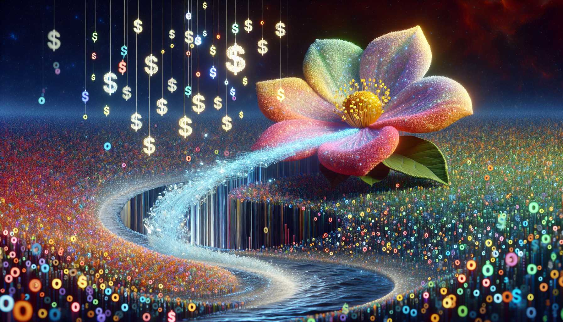 A flowing river of data feeding into a blossoming AI flower, representing Reddit's ties with AI firms and the monetization of its data reserves.