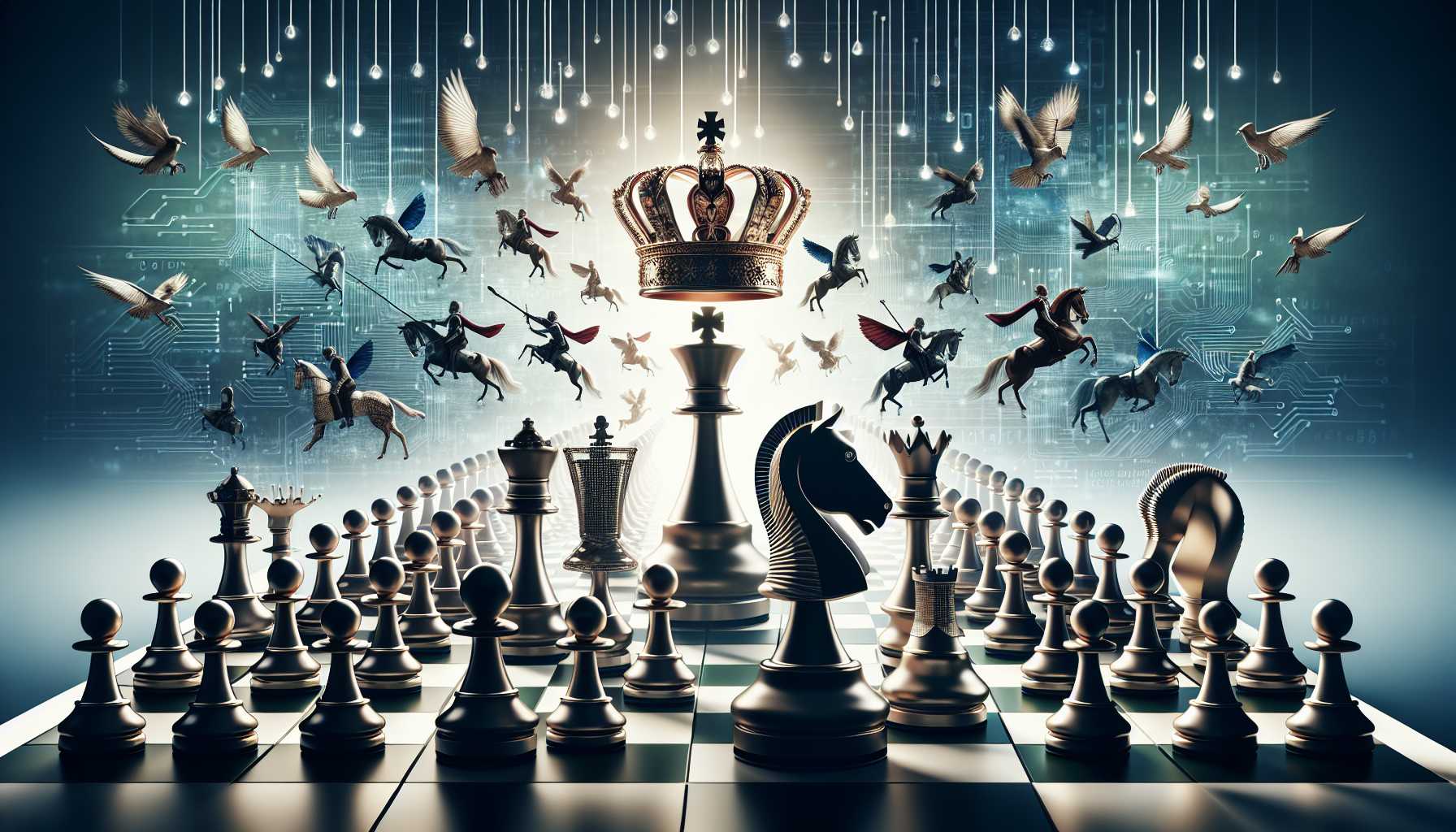 A lineup of chess pieces, with pawns and knights leading towards a crown, depicting the rise of emerging tech companies in the AI marketplace.