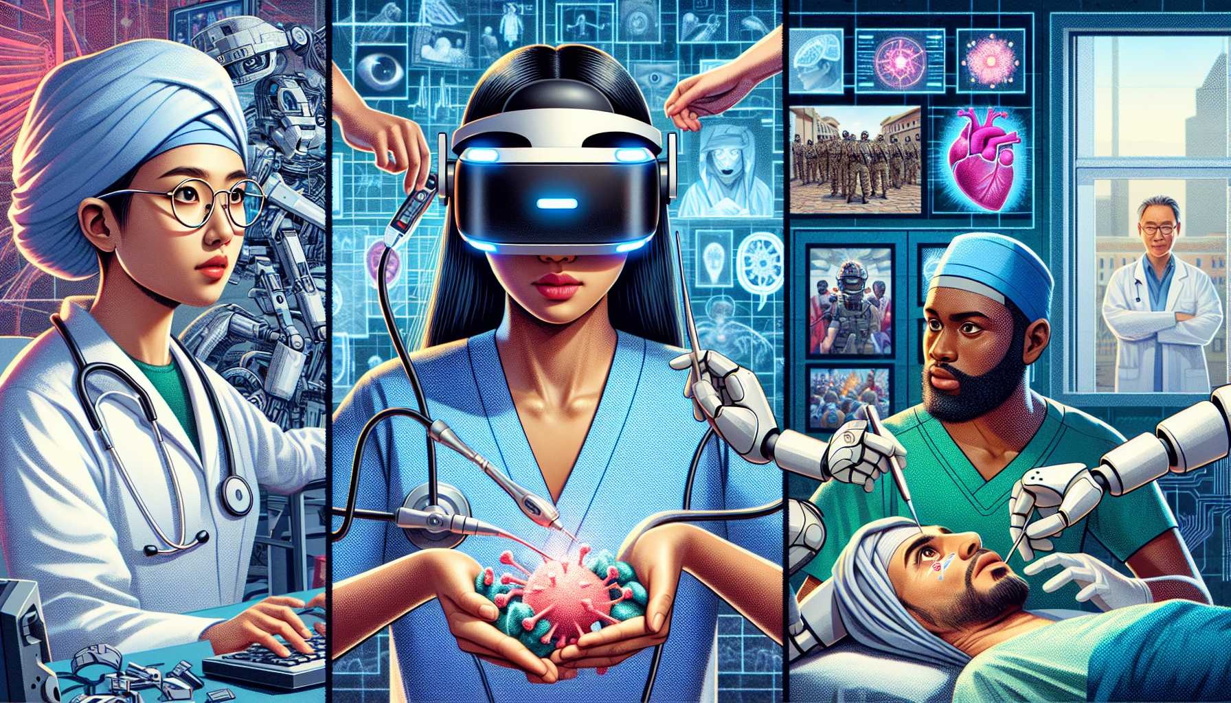 Collage of virtual reality gaming, AI in healthcare, and international gaming community