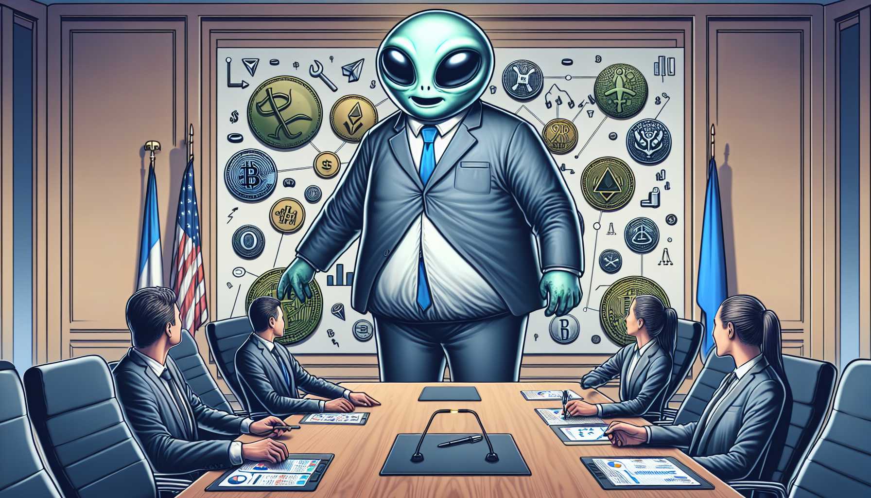 Reddit mascot with stock market symbols and cryptocurrency in a corporate boardroom