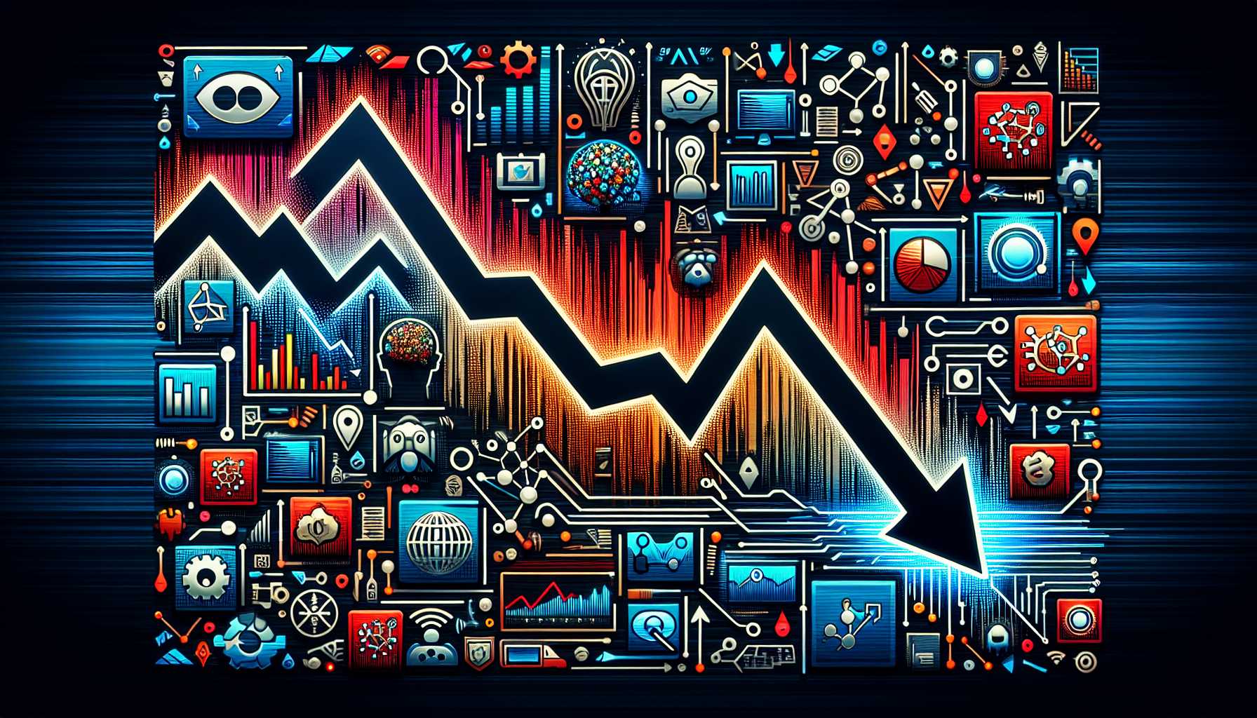 Graph representation of the stock market crashing with AI symbols and tech company logos around