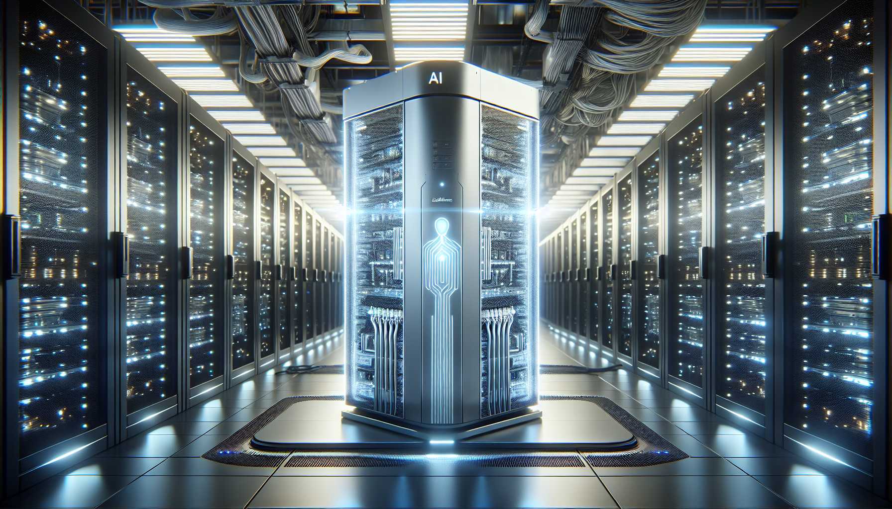 A futuristic AI server designed by Super Micro Computers standing in the data center