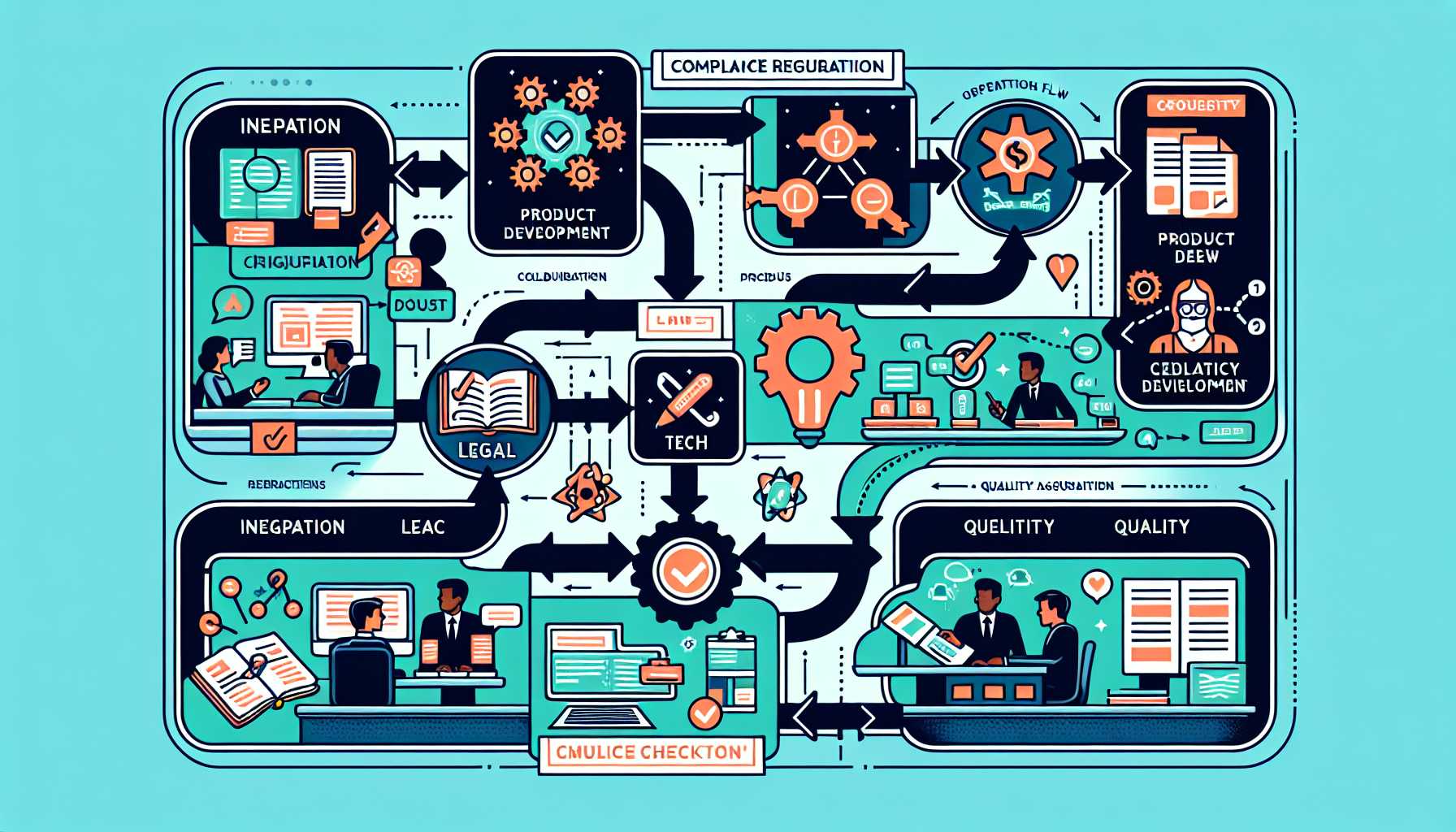 A flowchart depicting the process of integrating compliance into product development with key checkpoints and collaborations among different departments such as legal, tech, and quality assurance