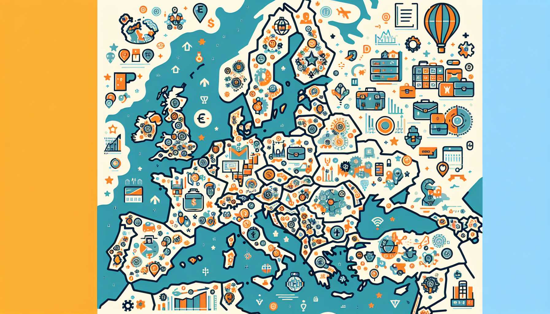 map of Europe with icons depicting venture capital investment and tech startups