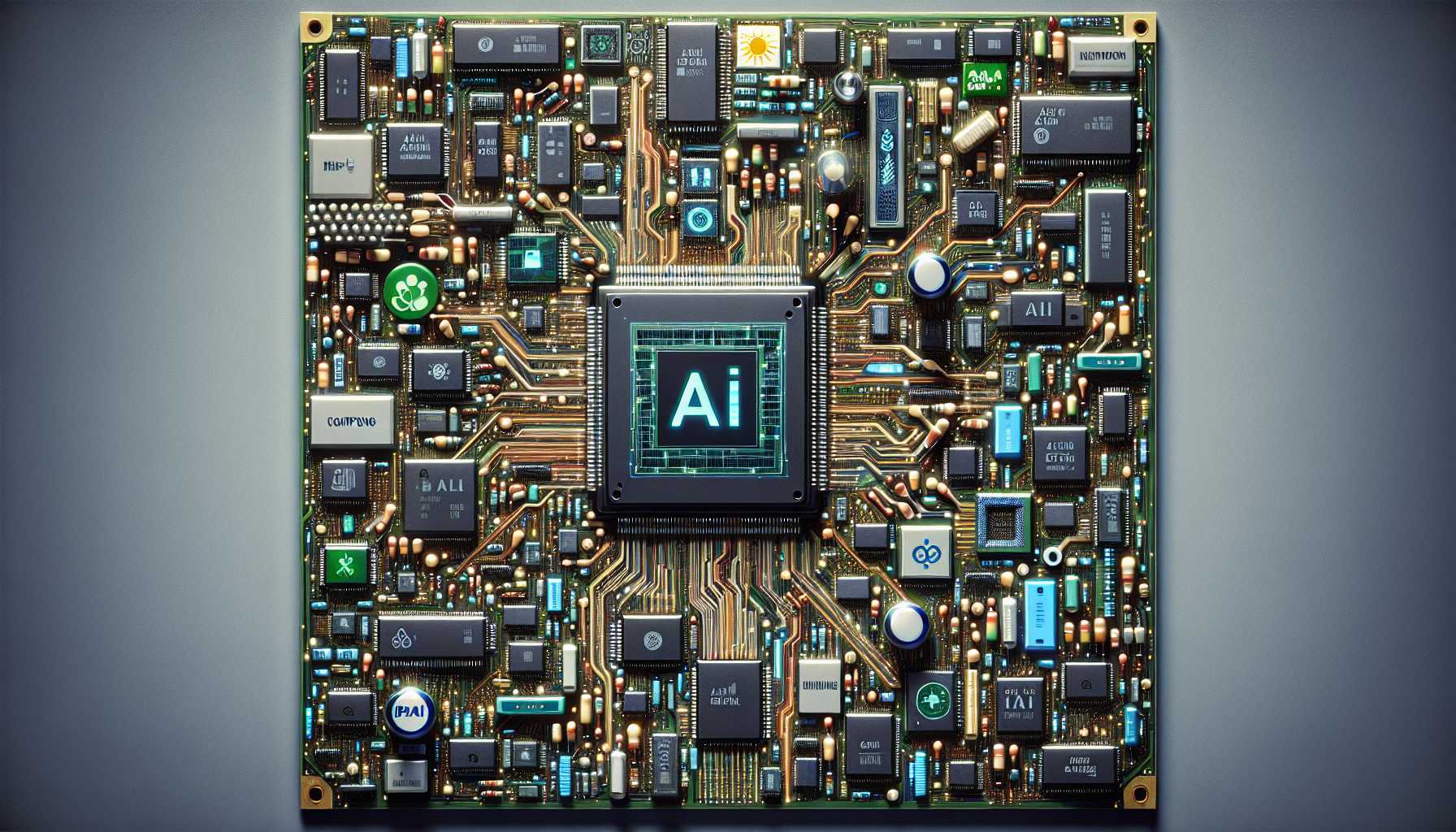 AI chip circuit board with various chips, including Nvidia and AMD logos