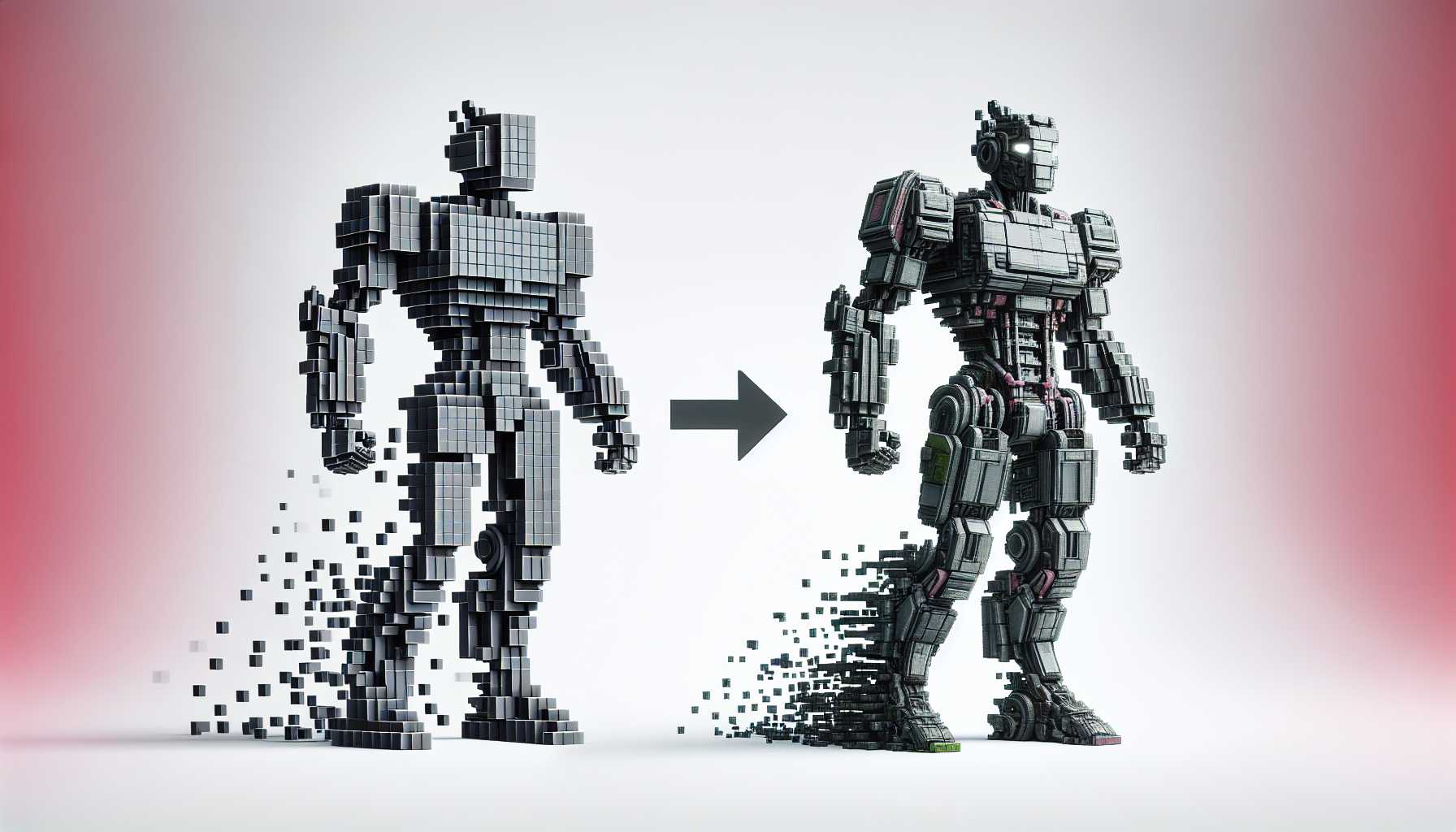 a pixelated robot transforming into high-resolution version signifying the Optimus video update