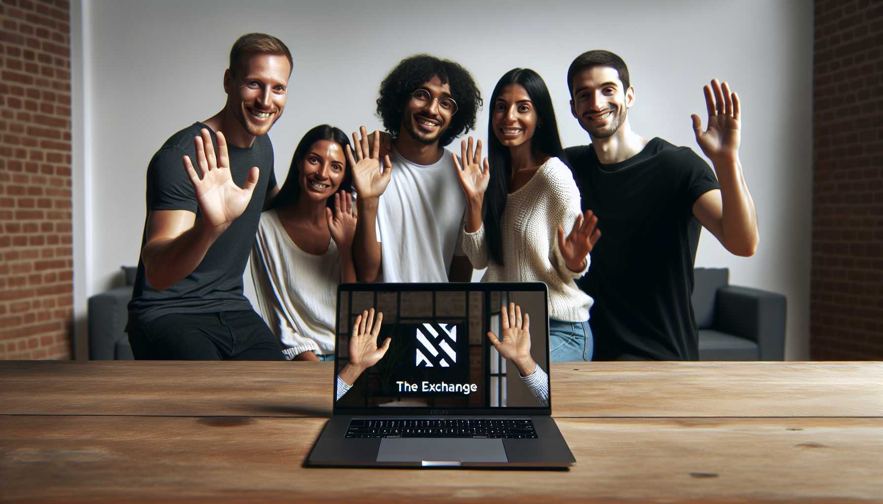 a group of people waving goodbye in front of a laptop screen showing a 'The Exchange' logo