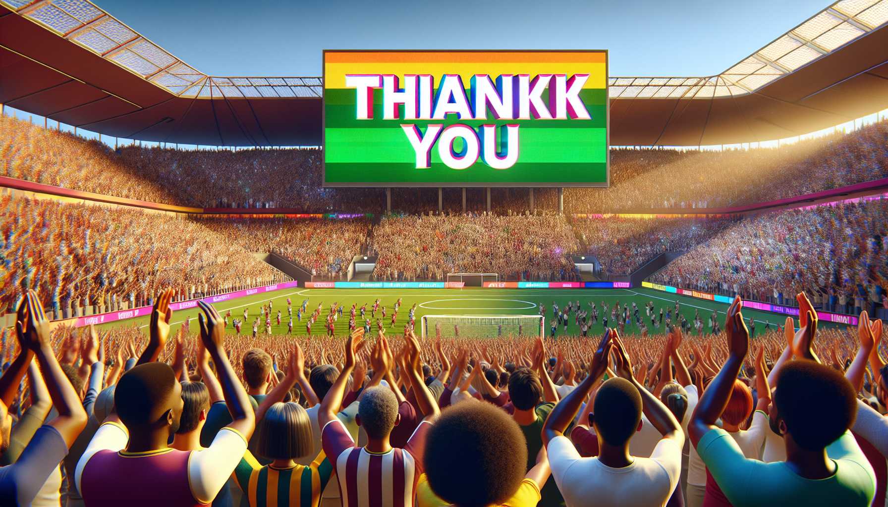 a round of applause happening in a stadium with 'Thank You' displayed on a big screen