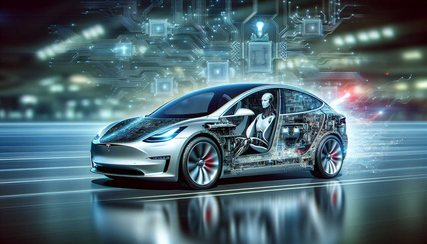 A Tesla car partially overlaid with AI circuitry