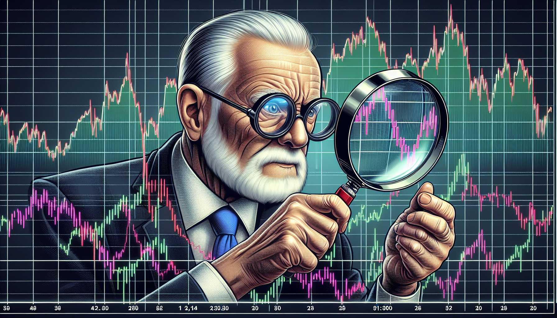 Warren Buffett holding a magnifying glass over a chart of the S&P 500