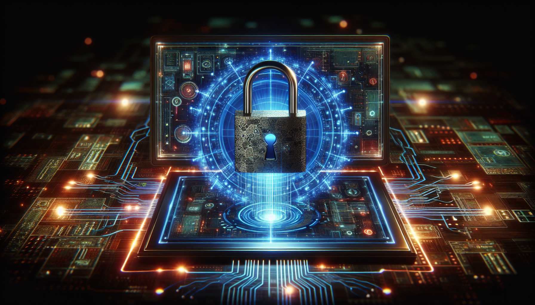 Digital padlock on computer screen cybersecurity concept