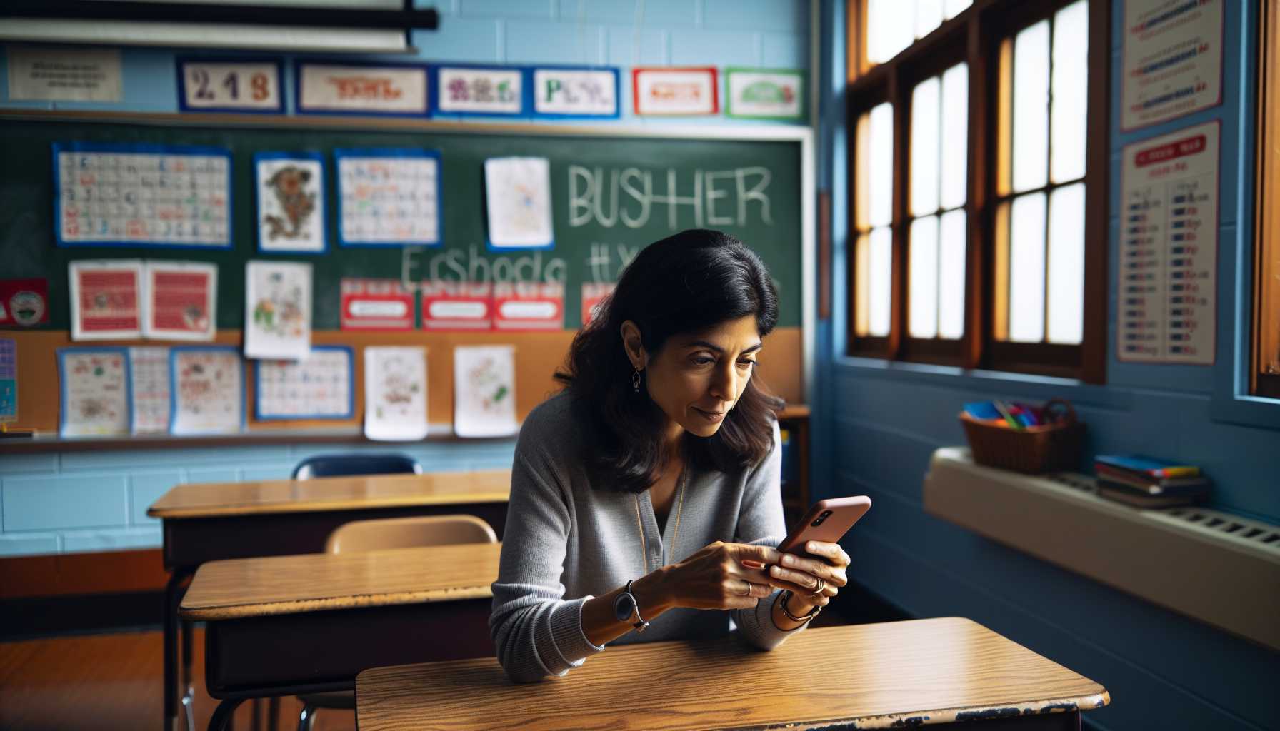 Person playing a word puzzle game on a smartphone in a classroom