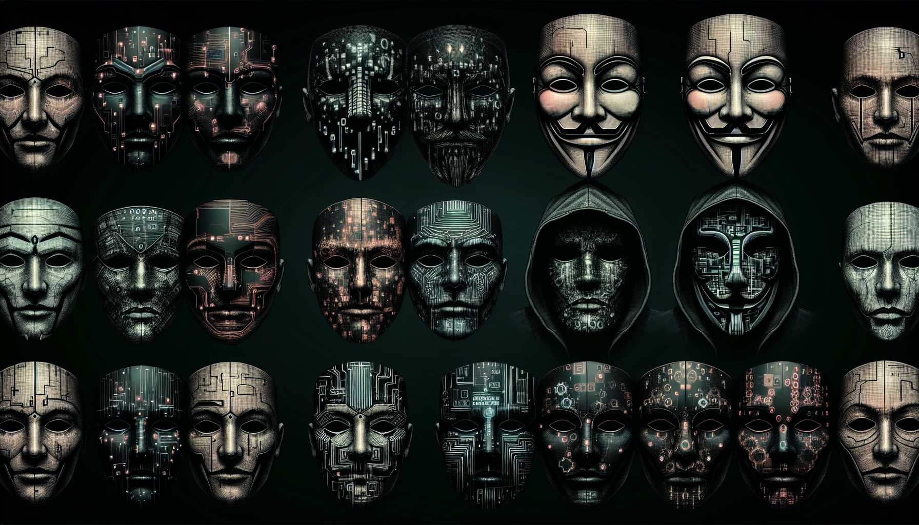 Masks representing cybercriminals with digital elements