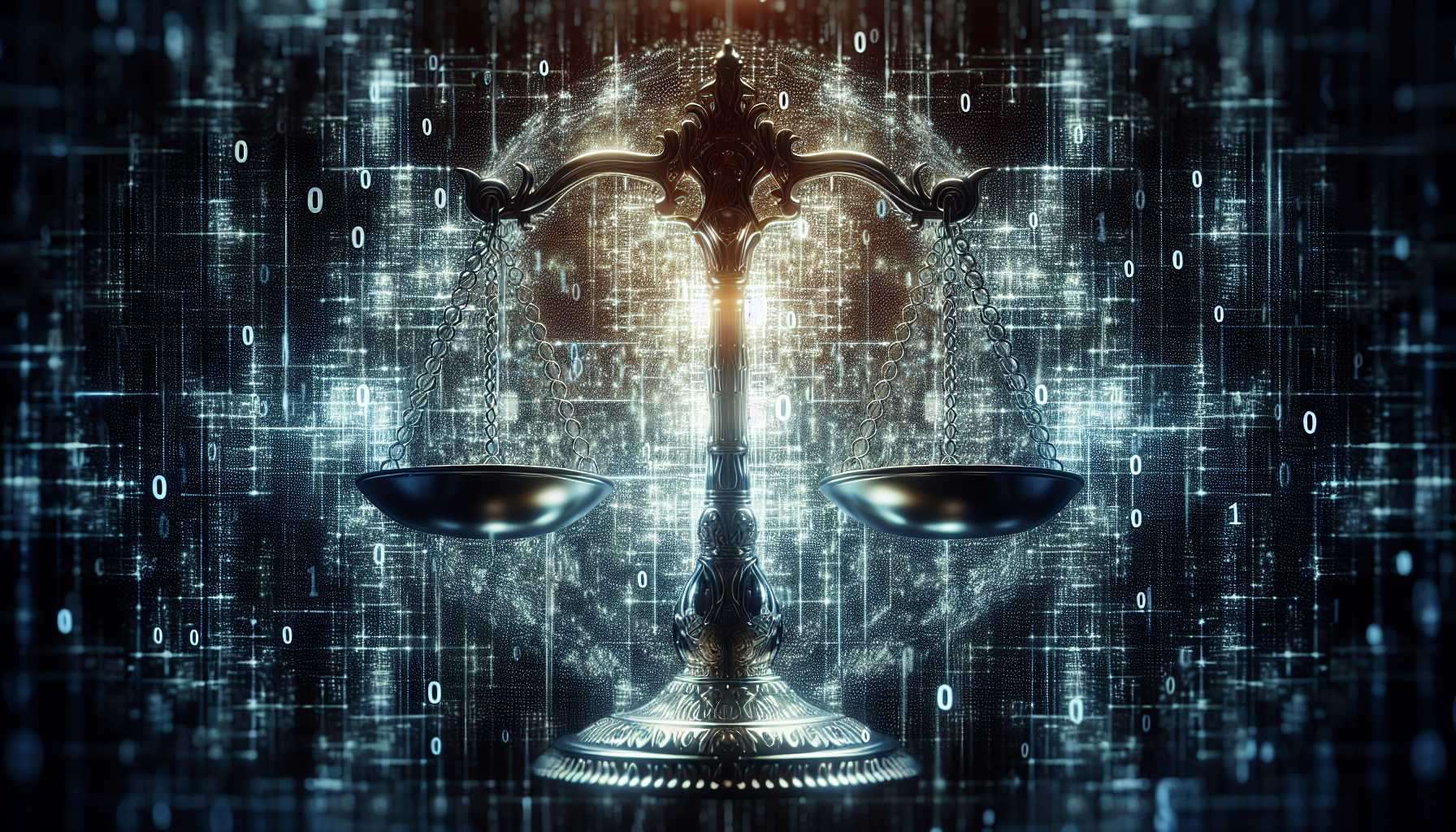 Scales of justice superimposed over a digital background