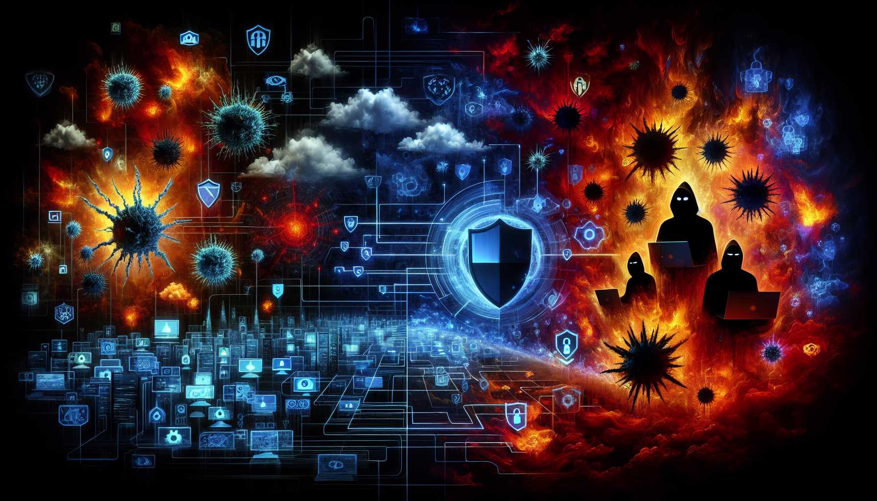 Abstract visualization of threats and shields cybersecurity