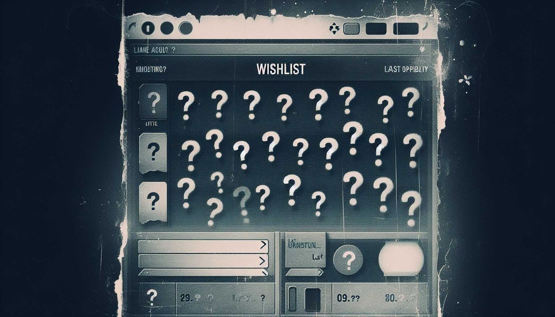 Desolated digital wishlist interface with question marks