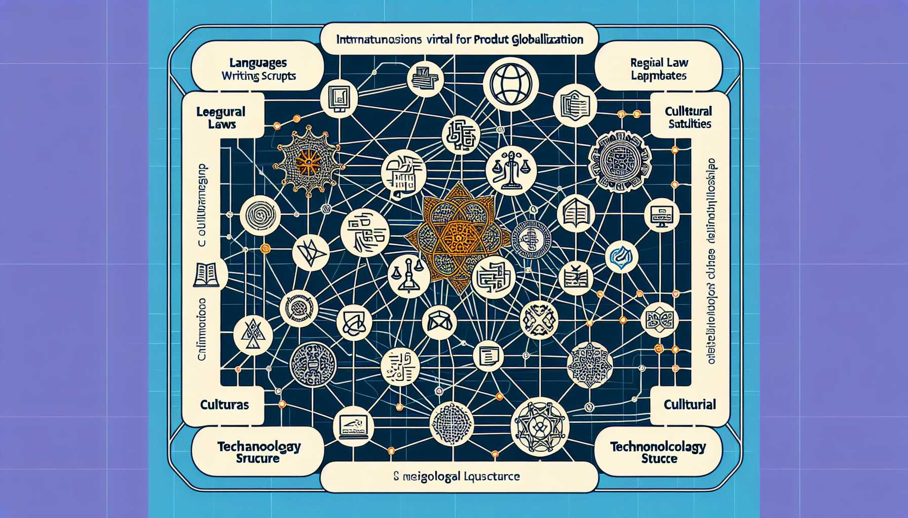 Complex network diagram showing the relationship between languages, regional regulations, cultural nuances, and technological infrastructure in product internationalization and localization