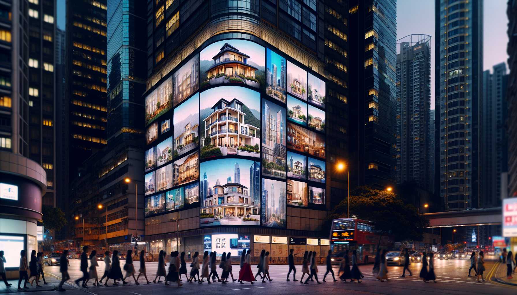 Programmatic advertising in real estate, digital screens displaying ads on a building facade