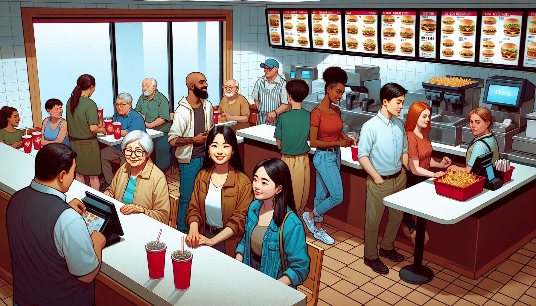 busy Wendy's fast food restaurant with customers ordering