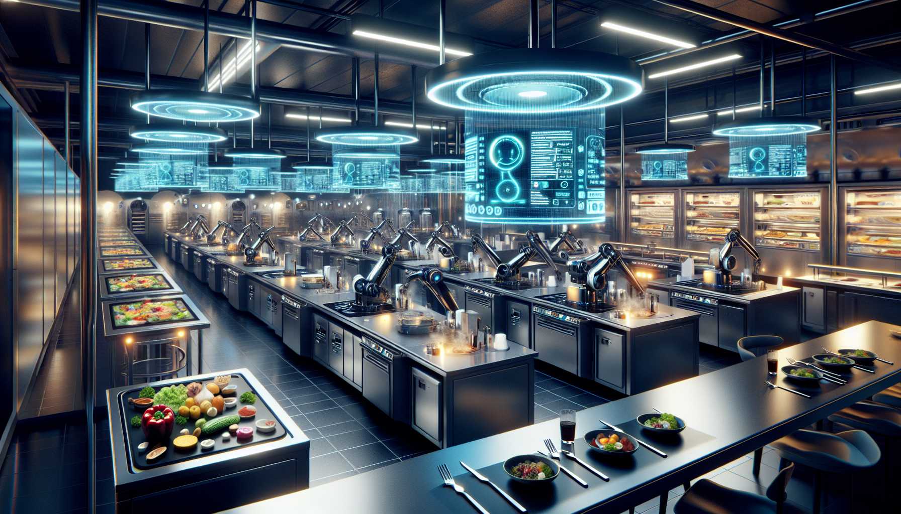 futuristic AI technology being used in a restaurant kitchen setting