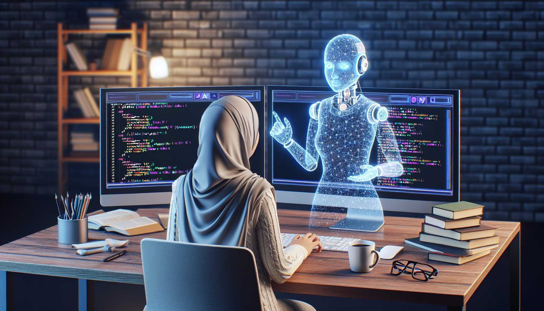 a conceptual image of AI assistant aiding a developer with coding