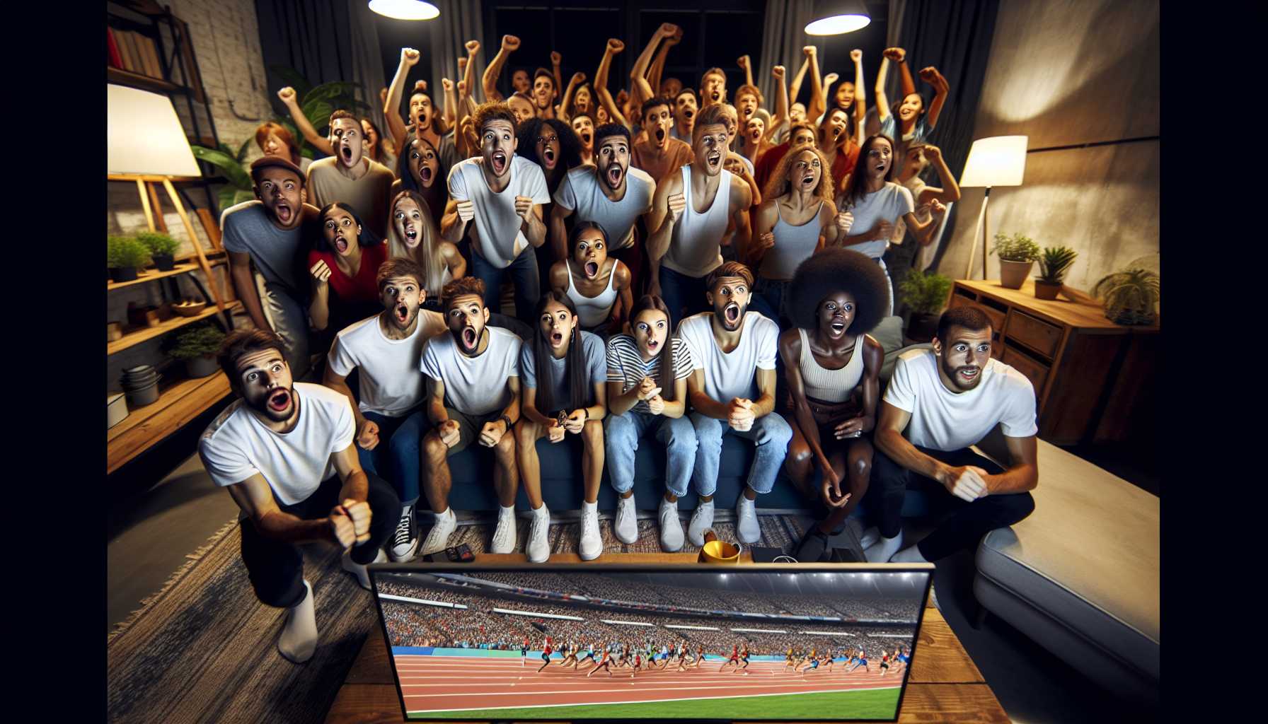 an enthusiastic audience watching indoor track events on a large home TV screen