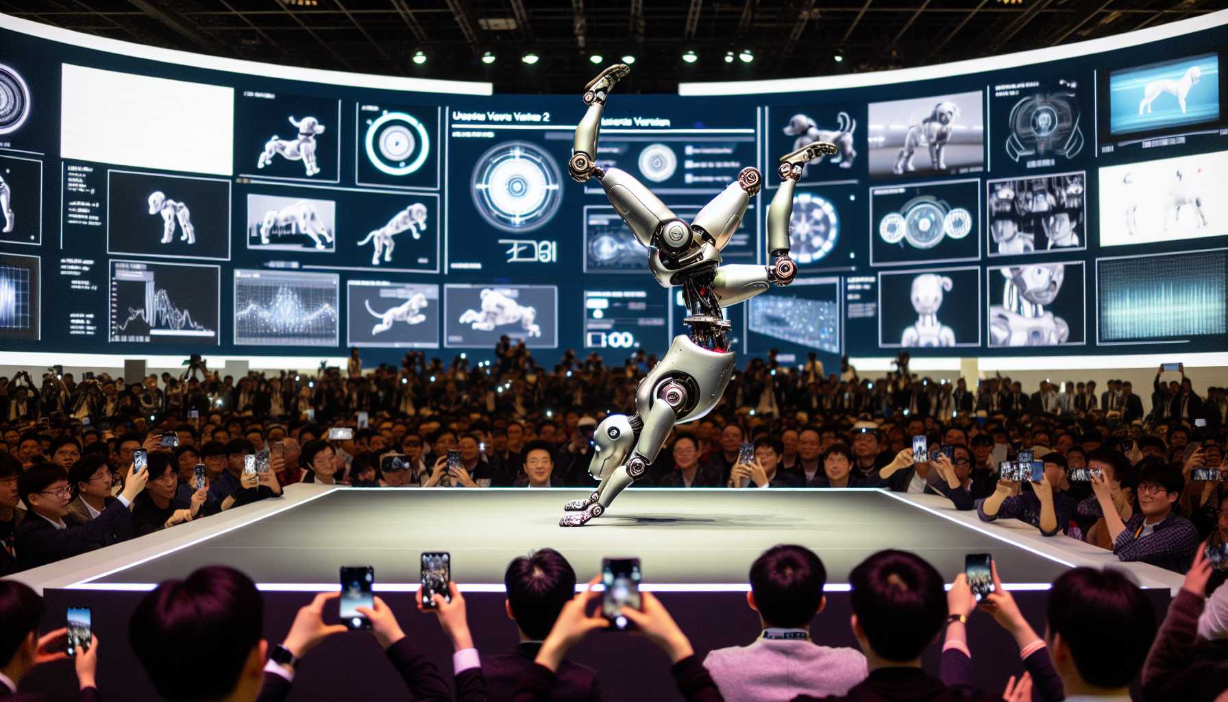 Xiaomi CyberDog 2 performing a backflip on a stage at a tech expo