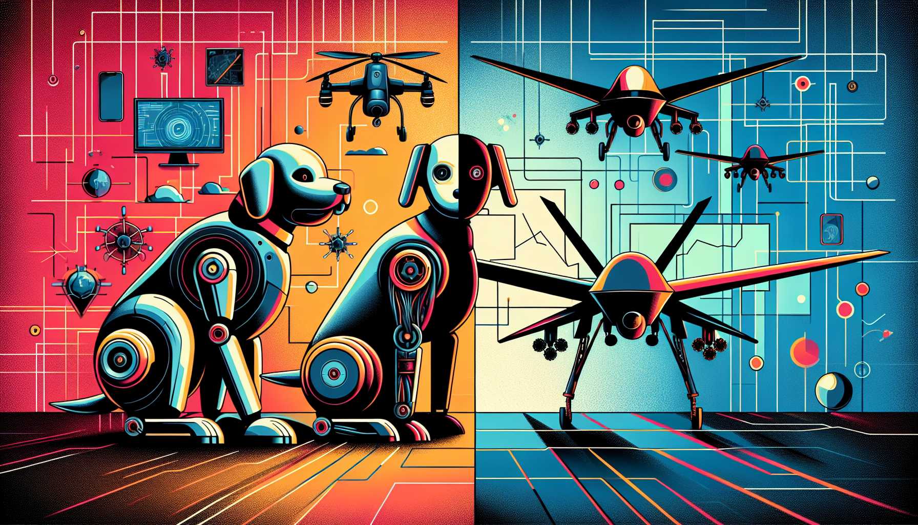 futuristic AI dichotomy showing one half as robotic companion dog and the other as military drones