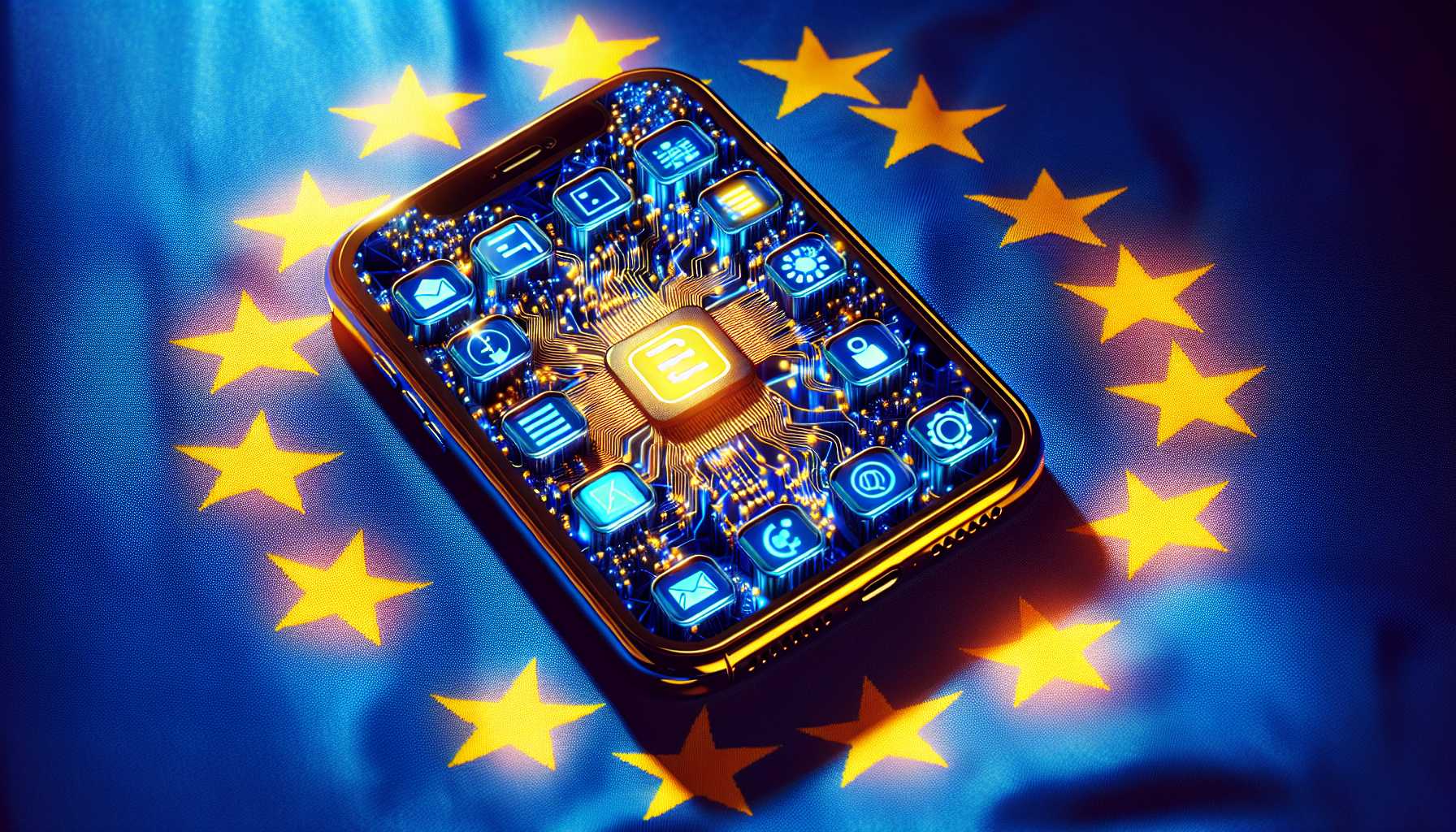 European Union flag with iPhone and web apps symbolizing regulations