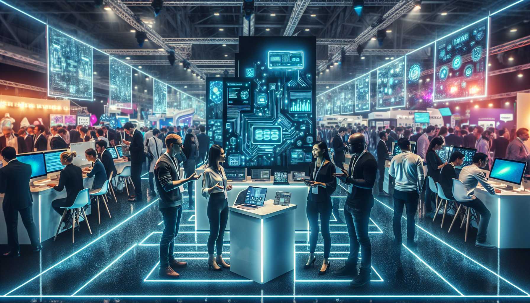 Vibrant tech exhibition at Mobile World Congress with startup booths