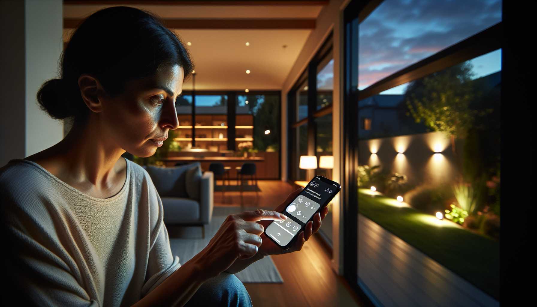 Somebody controlling outdoor lighting with a smart home app on a smartphone