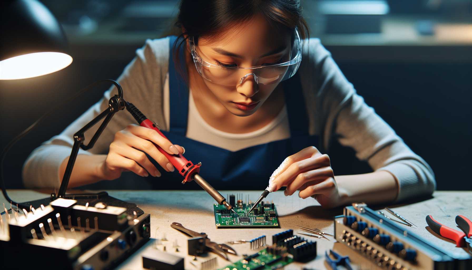 an engineer soldering a circuit board