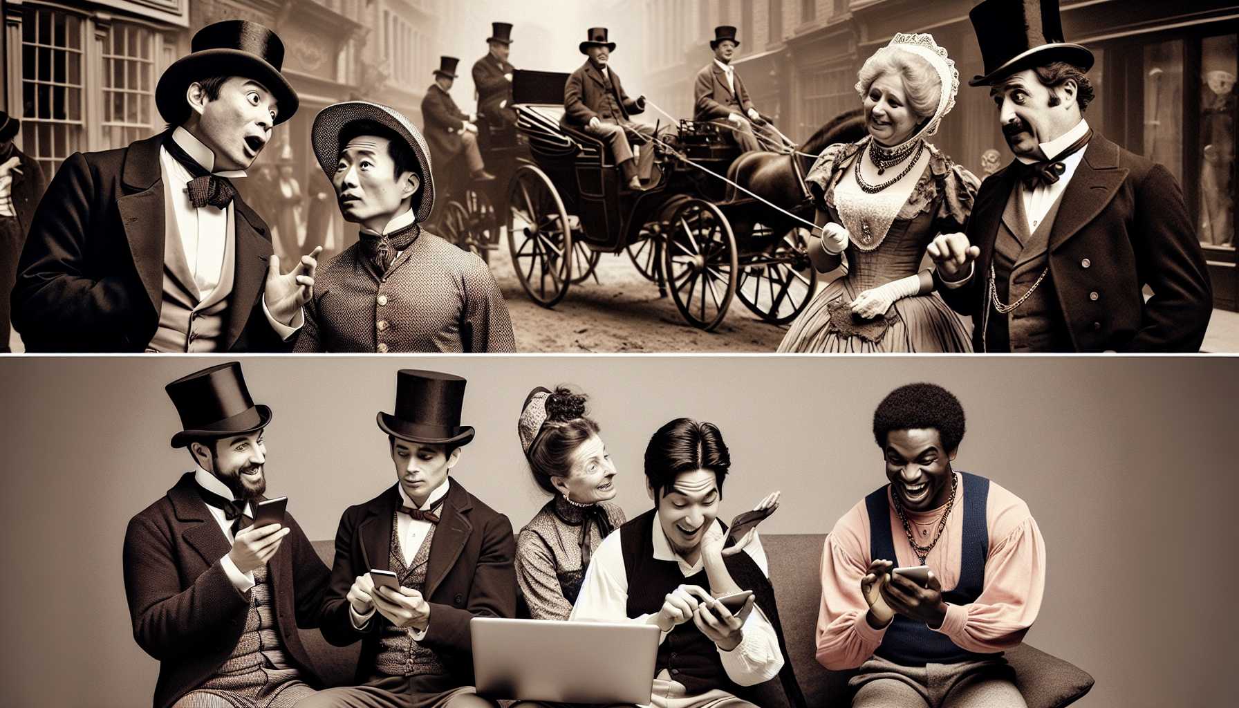 historical comedy series scene with modern gadgets