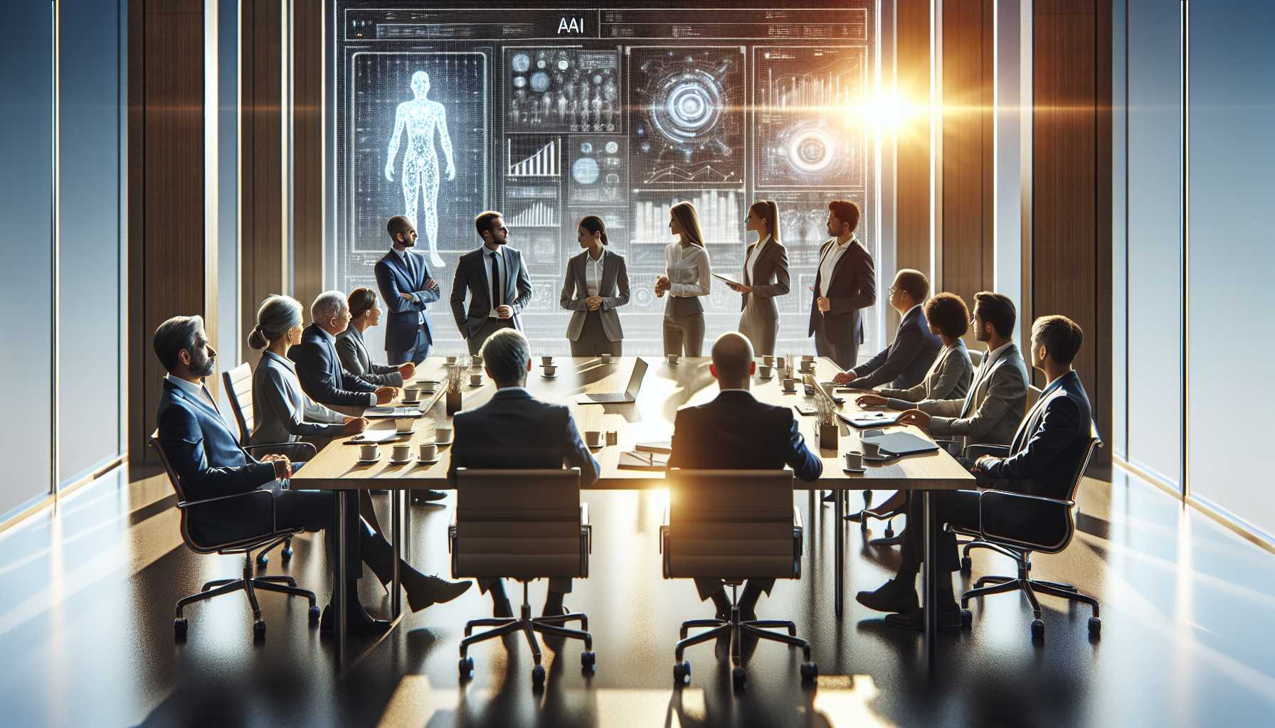 A corporate board meeting with AI interface presentations